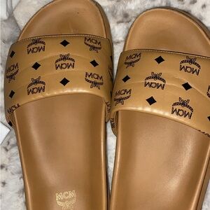 MCM Women's Brown Logo Slide Sandals